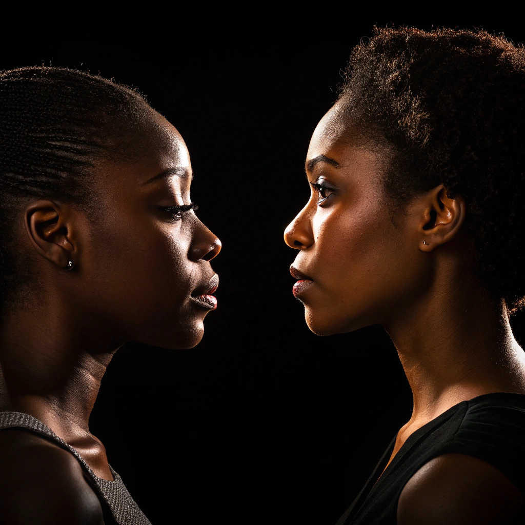 Two Black women facing each other in dramatic profile with side lighting illuminating each face, creating sculptural shadows and warm skin tones against deep black background, with perfect symmetrical composition and negative space in center for title placement